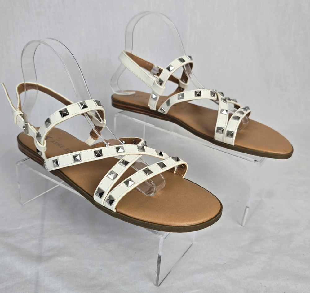 Anne Klein iFlex Strappy Flat Sandals Women's 9.5 White Silver Studs Buckle